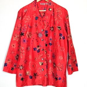 CHICO'S DESIGN 100% Red Silk Button Down Shirt Multi-Color Floral Embroidery